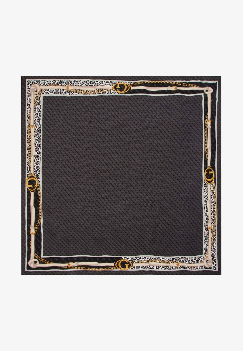 Vierkante stof in donkergrijs met een verhoogde textuur, omgeven door een decoratieve rand met gouden kettingen en accenten van luipaardprint.