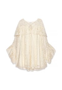 Spitzenoberteil in Off-White mit rundem Ausschnitt, geschichteten Rüschenschößchen und einer Bindeschleife vorne. Aufwändiges florales Muster über das gesamte Oberteil.