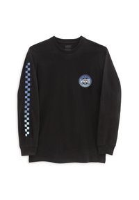 Schwarzes Langarmshirt aus Baumwolle, mit einem blauen Karomuster auf einem Ärmel und einem kreisförmigen Logo auf der Brust.
