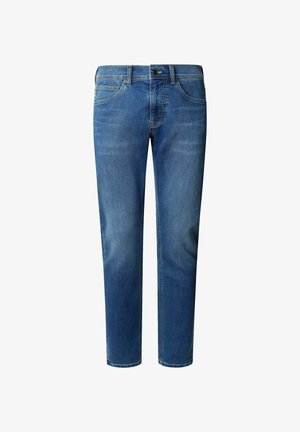 Jeans in denim blu con vestibilità regolare, dotati di chiusura con bottone, tasche frontali e gamba leggermente affusolata. La texture è liscia con un leggero sbiadimento.