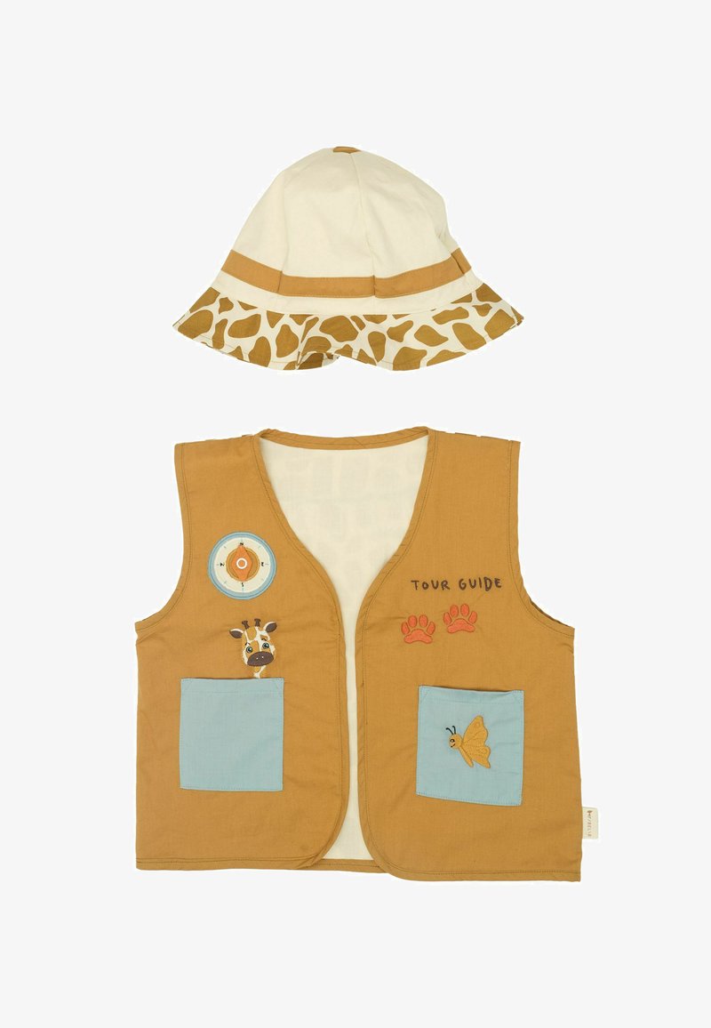 Pruun puuvillane vest siniste taskutega, millel on looma tikandid ja tekst "TOUR GUIDE". Saadaval valge ja pruuni käsitsi joonistatud kaelkirjakumustriga mütsiga.