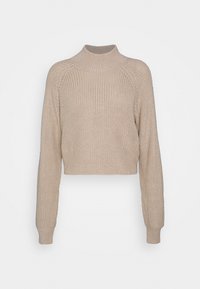 Beige verkürzter Strickpullover mit hohem Kragen, gerippter Textur und langen Ärmeln, mit Raglan-Schultern und einem formschlüssigen Saum.