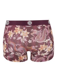 Burgunderfarbene Boxershorts mit floralem und Drachenmuster in Gelb und Creme. Elastischer Bund mit Logodetail. Glatte Textur.