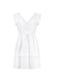 White cotton dress with V-neck, ruffled sleeves, elastic waist, and tiered hem featuring eyelet embroidery and floral patterns.