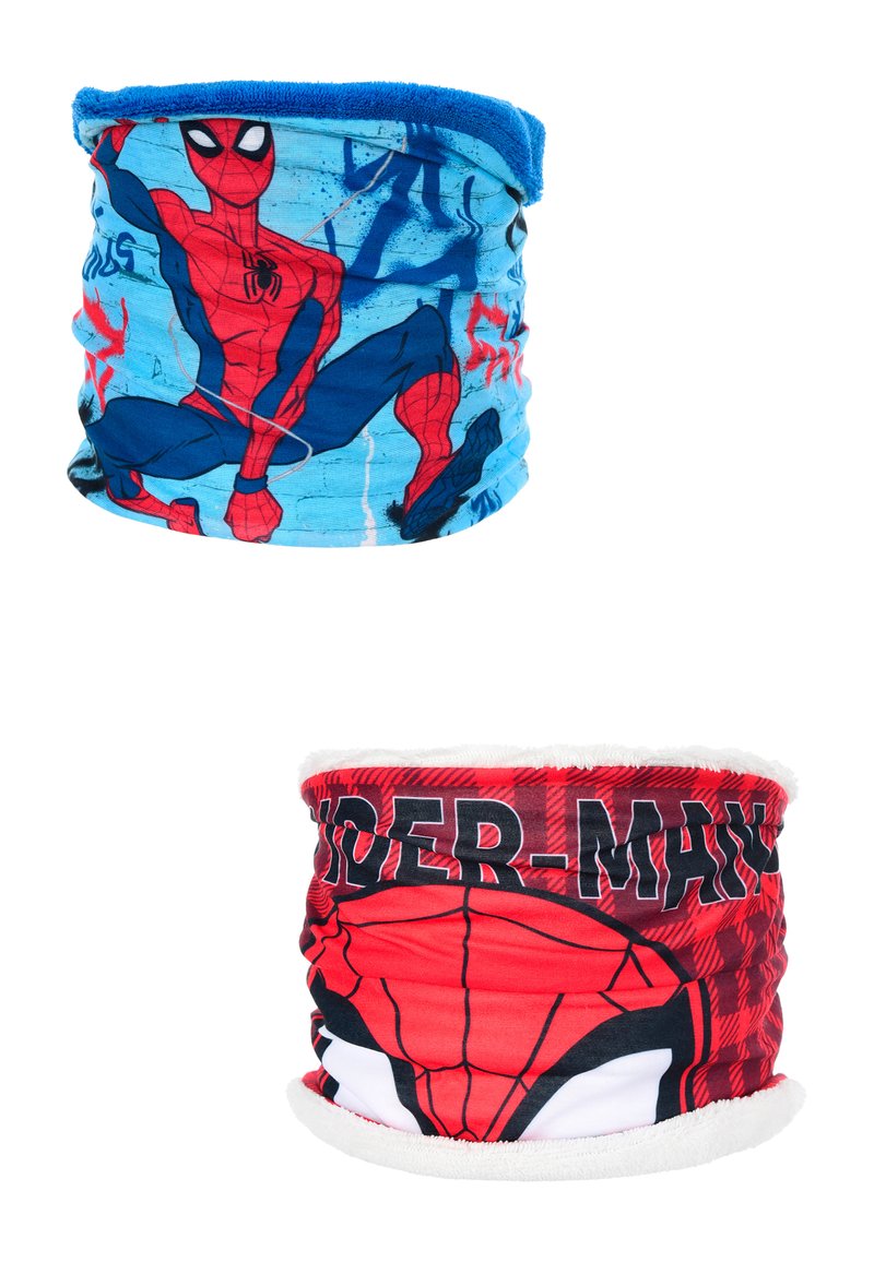 Spandex nekgaiter met Spider-Man ontwerpen; blauwe en rode kleuren, zachte textuur, met afbeeldingen van Spider-Man en logo-accenten.
