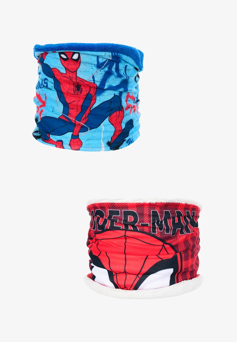 Spandex nekgaiter met Spider-Man ontwerpen; blauwe en rode kleuren, zachte textuur, met afbeeldingen van Spider-Man en logo-accenten.