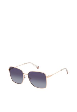 Square-shaped sunglasses with thin rose gold metal frame and gradient dark gray lenses against white background.