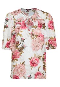 Květinová blůza z průsvitné látky, s velkými růžovými růžemi a zelenými listy. Volánkové detaily na rukávech a kolem krku s uzavíráním na mašličku.