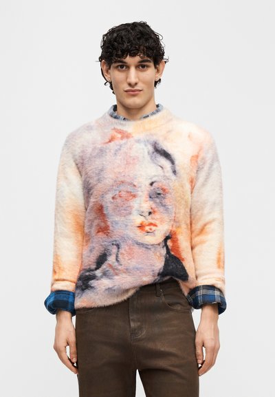 Πουλόβερ από απαλό, αφράτο υλικό με παστέλ χρώματα. Διαθέτει σχέδιο προσώπου σε πορτοκαλί και μπλε αποχρώσεις, στρογγυλή λαιμόκοψη και μακριά μανίκια.