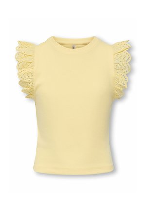 Yellow sleeveless top with round neckline and ruffled eyelet lace detailing on the shoulders, shown against a white background.
