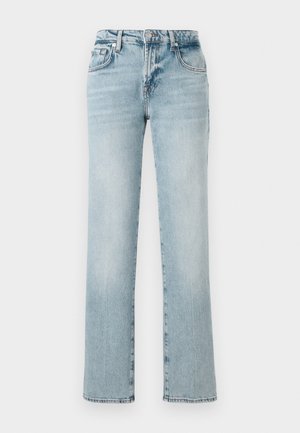 Heledad sinised denim pükste sirge säärega disain, viie taskuga, nupuga ja tõmblukuga, ning kergelt kulunud ilmega.