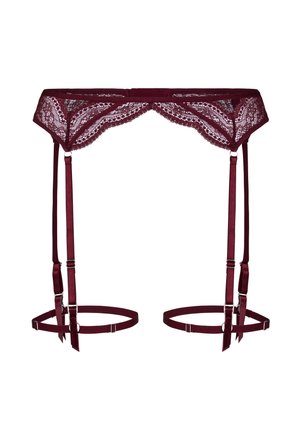 Bordeaux kanten jarretel met verstelbare bandjes en beenbanden ter ondersteuning van lingerie of kousen.