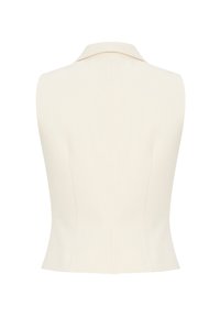 Gilet blazer sans manches couleur crème avec col, coupe ajustée et dos épuré sur fond blanc.