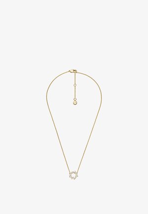 Collana con catenina d'oro e pendente circolare con piccole pietre incastonate. La catenina ha una chiusura semplice e una lunghezza regolabile.