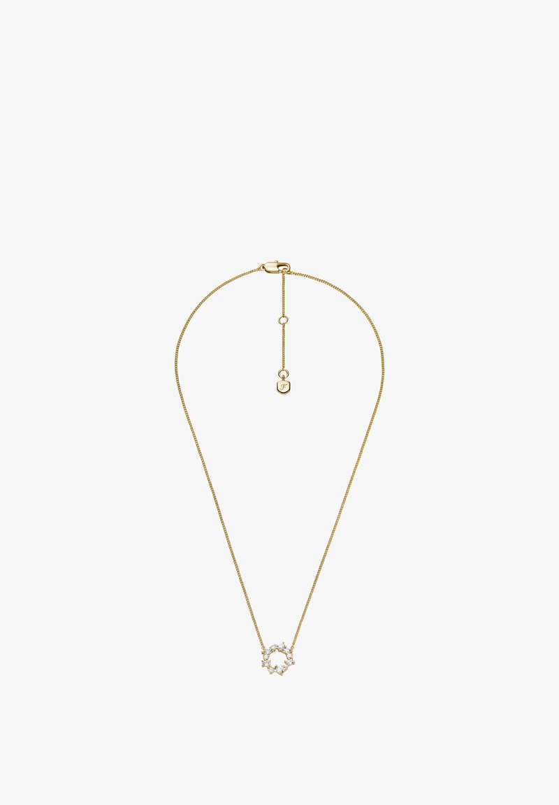 Collier en chaîne dorée avec un pendentif circulaire orné de petites pierres incrustées. La chaîne est équipée d'un fermoir simple et d'une longueur réglable.