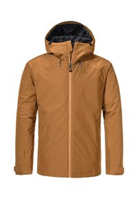 Braune wasserdichte Jacke mit einer gut sitzenden Kapuze, vorderem Reißverschluss und kantigen Nahtdetails. Das Innenfutter ist schwarz und verfügt über verstellbare Bündchen und Belüftung.