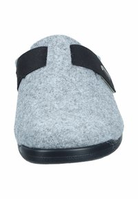 Gray felt slipper with black fabric strap, rounded shape, textured upper, and a durable black rubber sole. Simple and functional design.