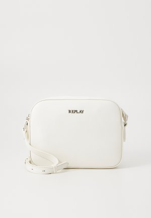 White, rectangular crossbody bag made of smooth synthetic material with a subtle sheen. Features a silver "REPLAY" logo and adjustable strap.