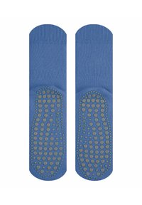 Niebieskie skarpetki z teksturowanymi, gumowymi kropkami antypoślizgowymi na podeszwie. Wykonane z miękkiego materiału, z gładkim wykończeniem i prążkowanym ściągaczem.