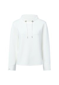White pullover with high collar, drawstring, long sleeves, and buttoned cuffs. Smooth texture with a simple design and minimal accents.
