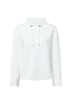 White pullover with high collar, drawstring, long sleeves, and buttoned cuffs. Smooth texture with a simple design and minimal accents.