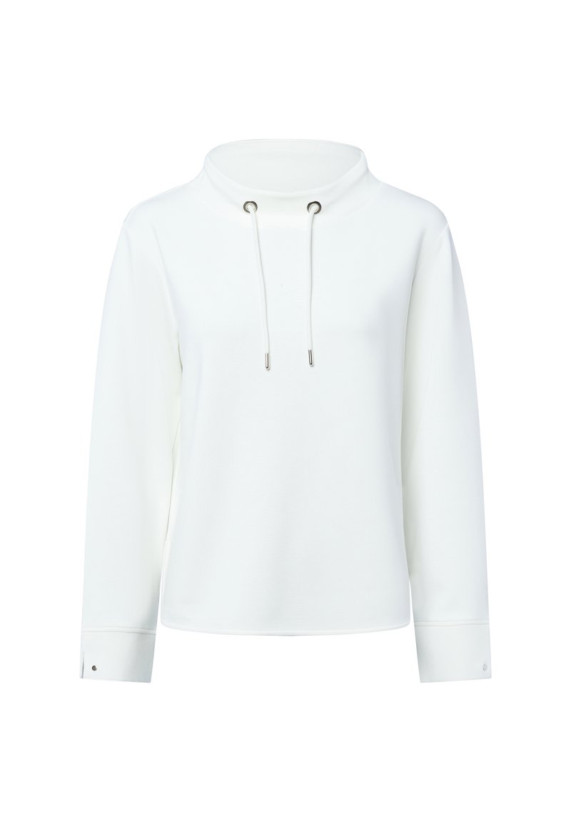 White pullover with high collar, drawstring, long sleeves, and buttoned cuffs. Smooth texture with a simple design and minimal accents.