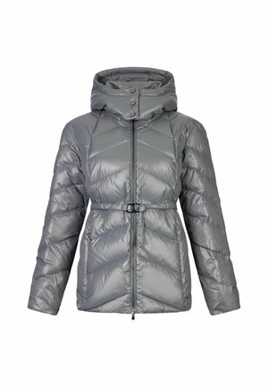 Giubbotto piumino grigio con motivo a zigzag, dotato di un colletto alto, cappuccio staccabile e vita attillata con cintura. Chiusura con zip.