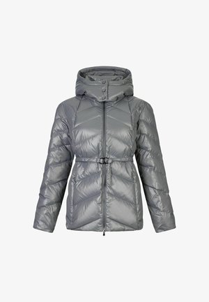 Giubbotto piumino grigio con motivo a zigzag, dotato di un colletto alto, cappuccio staccabile e vita attillata con cintura. Chiusura con zip.