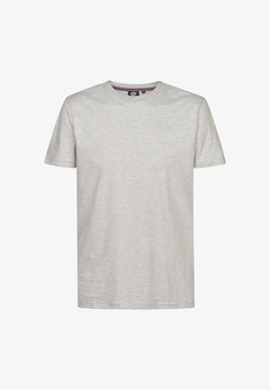 Grijs gestreept T-shirt van zachte stof, met korte mouwen, een ronde halslijn en een subtiel logo aan de voorkant.