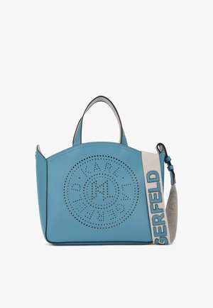 Blue leather handbag with perforated logo design, structured shape, dual top handles, and a detachable shoulder strap featuring "GERFELD" text.