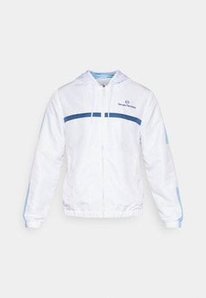 White zip-up jacket with a hood. Features blue horizontal stripes across the chest and vertical accents on sleeves. Made from a glossy material.