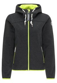 Mörkgrå zip-up hoodie med grön inredning och detaljer, som har snörningar och dragkedjefickor, tillverkad av ett mjukt tyg.
