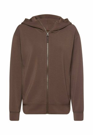 Brown zip-up hoodie with a hood, long sleeves, and side pockets. Made of soft fabric with a smooth texture and minimalistic design.