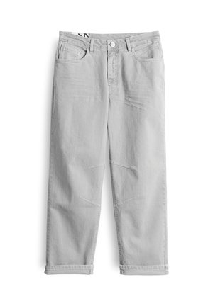 Light gray denim trousers with a relaxed fit, belt loops, front pockets, and rolled cuffs. Features subtle stitching accents.