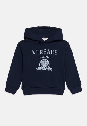 Sweat à capuche bleu marine Versace avec logo Méduse et texte "VERSACE Est. 1978" sur le devant, poignets et ourlet côtelés, manches longues et capuche attachée.