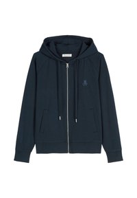 Marineblauer Kapuzenpullover mit Reißverschluss aus weichem Stoff, mit Kordelzugkapuze, zwei Fronttaschen und einem geprägten Logo auf der Brust.