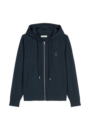 Marineblauer Kapuzenpullover mit Reißverschluss aus weichem Stoff, mit Kordelzugkapuze, zwei Fronttaschen und einem geprägten Logo auf der Brust.