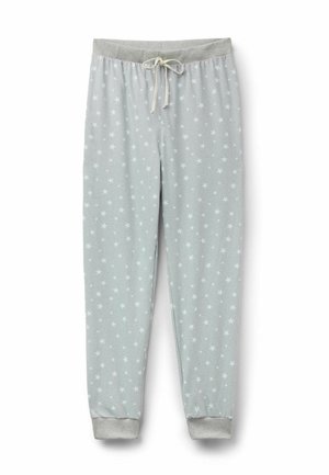 Szare spodnie od piżamy wykonane z miękkiego materiału, z białym wzorem gwiazdek na całej powierzchni, elastycznym pasem z troczkiem i mankietami przy nogawkach.