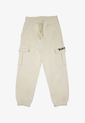 Pantaloni jogger color crema realizzati in morbido tessuto, con cintura elastica, tasche laterali e logo nero sulla tasca sinistra. Con cordino regolabile.
