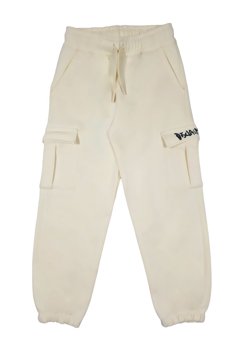 Pantaloni jogger color crema realizzati in morbido tessuto, con cintura elastica, tasche laterali e logo nero sulla tasca sinistra. Con cordino regolabile.