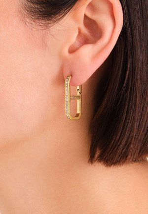 Gouden oorringen met een geometrisch ontwerp en een rij kleine heldere kristallen langs één zijde. Getextureerd metalen oppervlak en scharnierende sluiting.