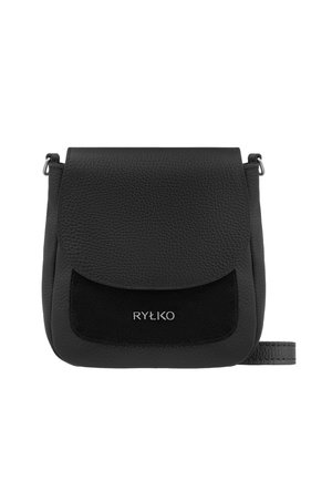 Black textured leather crossbody bag with flap closure and front pocket, featuring small silver "RYŁKO" logo on pocket.