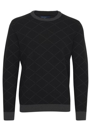 Black crew-neck sweater with gray diamond pattern, ribbed cuffs and hem, soft texture, made from knit fabric.