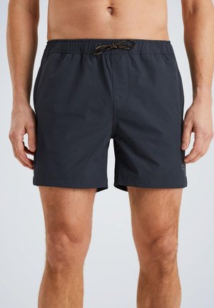 Navy swim shorts with an elastic waistband and drawstring, featuring a smooth texture and straight fit. No visible embellishments.