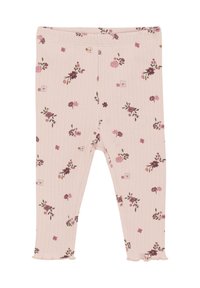 Leggings en maille rose clair avec un motif floral dans des nuances de violet et de vert. Les détails d'ourlet comprennent un léger volant en bas.