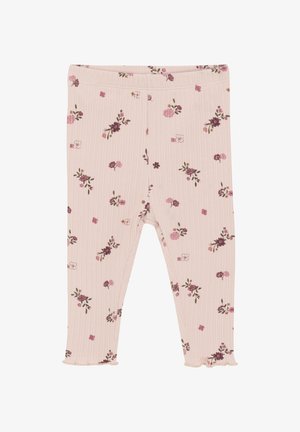 Helle pinke Ripp-Leggings mit floralem Muster in Lila- und Grüntönen. Der Saum ist am Ende leicht gerüscht.