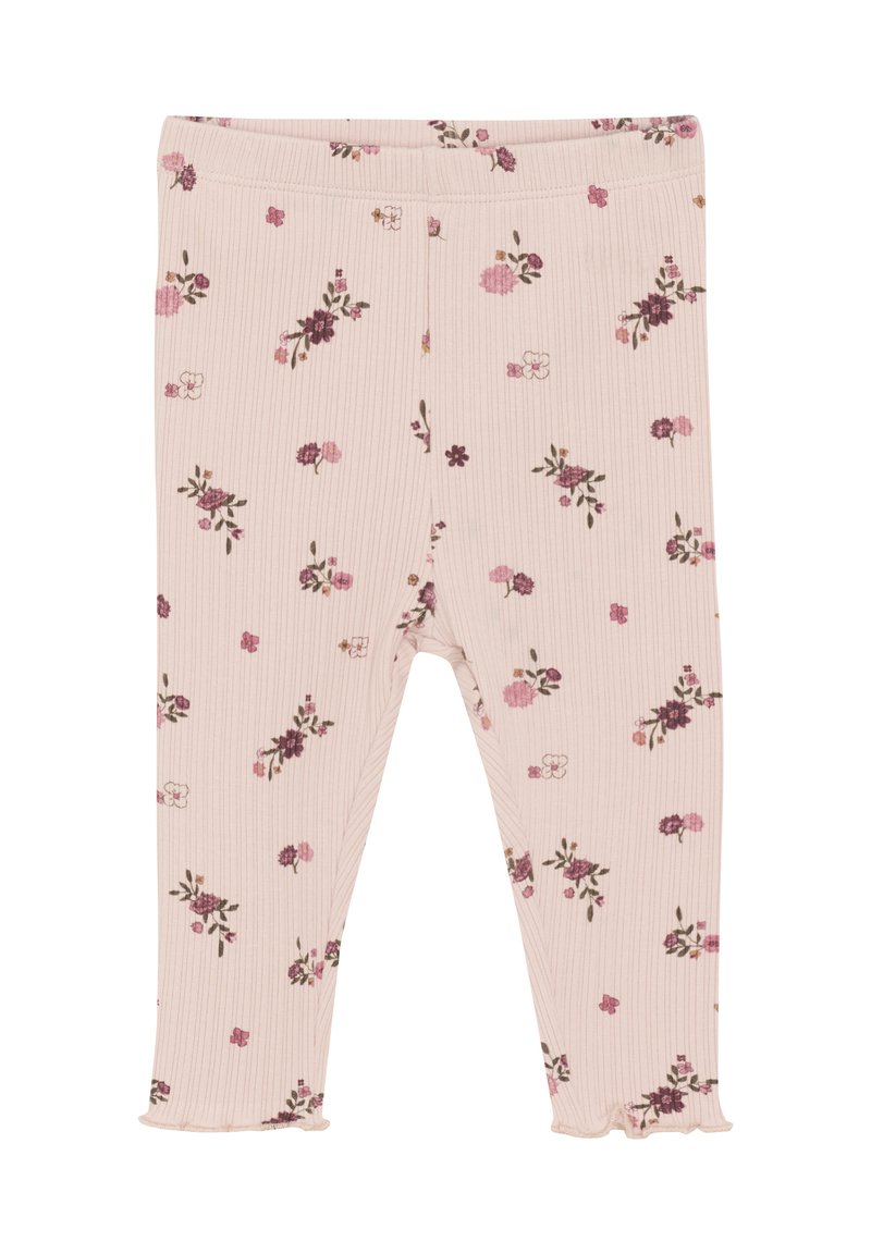 Leggings en maille rose clair avec un motif floral dans des nuances de violet et de vert. Les détails d'ourlet comprennent un léger volant en bas.