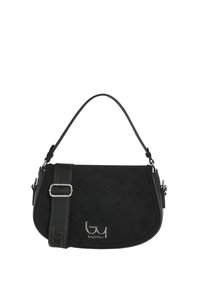 Borsa a tracolla in suede nero con design curvo, dotata di manico corto, tracolla regolabile e dettagli in metallo color argento. Logo impresso sul davanti.