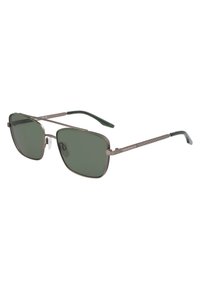 Occhiali da sole quadrati con montatura grigia, lenti verde scuro e braccia argentate testurizzate. Presentano punte in gomma per comfort e stabilità.