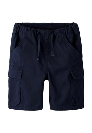 Marinefarbene Cargo-Shorts mit elastischem Bund, Kordelzug und mehreren Taschen. Aus leichtem Stoff mit glatter Textur gefertigt.